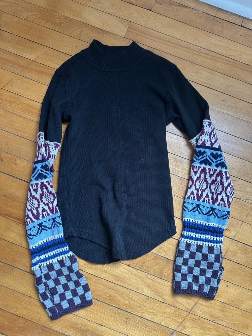 Free People Black Sweater with Patterned Multi-Color Sleeves Grunge Punk Funk